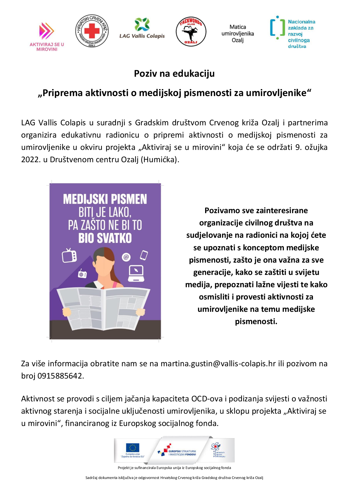 Poziv na edukaciju Priprema aktivnosti o medijskoj pismenosti za umirovljenike 001